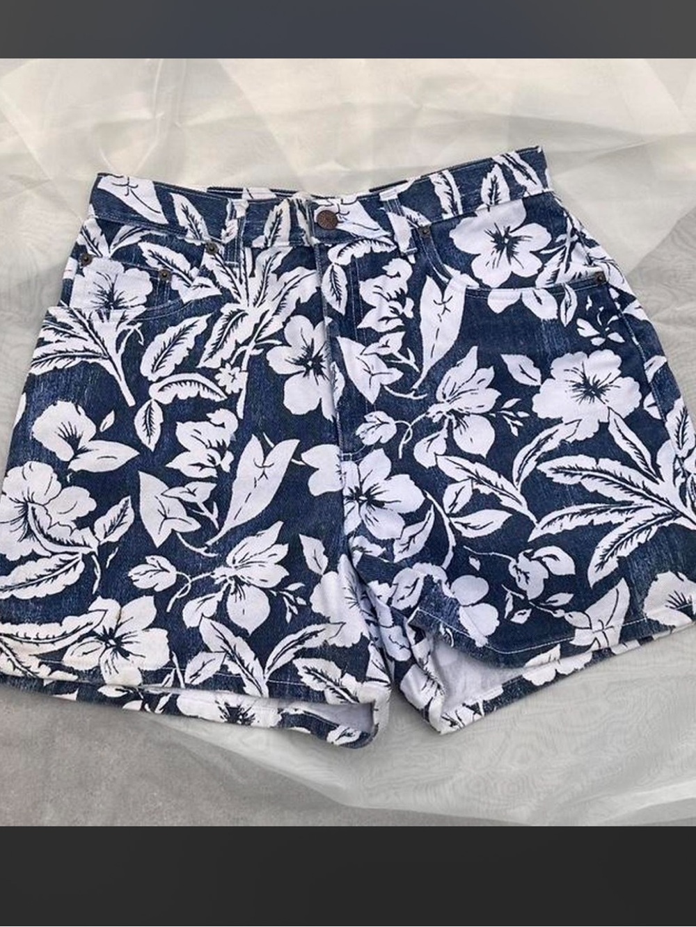 Vintage Bill Blass Navy & White Floral High-Rise Denim Jean Shorts